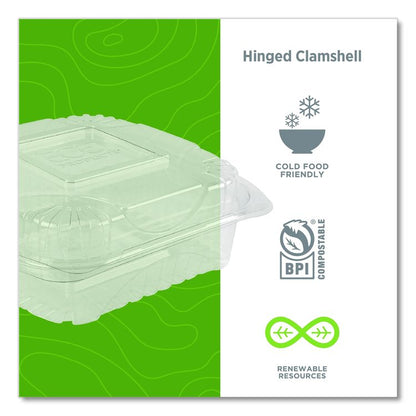 Renewable and Compostable Clear Clamshell Hinged Food Containers, 8 x 8 x 3, Plastic, 80/Pack, 2 Packs/Carton