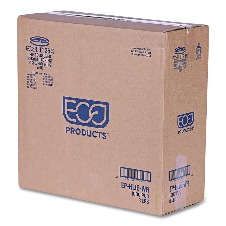 EcoLid 25% Recycled Content Hot Cup Lid, Fits 10 oz to 20 oz Hot Cups, Plastic, White, 100/Pack, 10 Packs/Carton