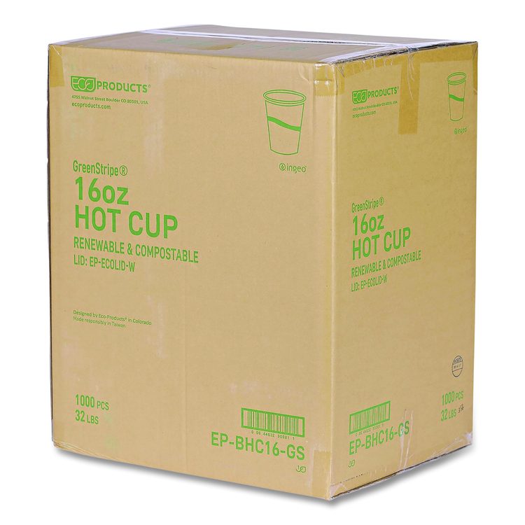 GreenStripe Renewable and Compostable Hot Cups, 16 oz, Paper, White/Green, 50/Pack, 20 Packs/Carton