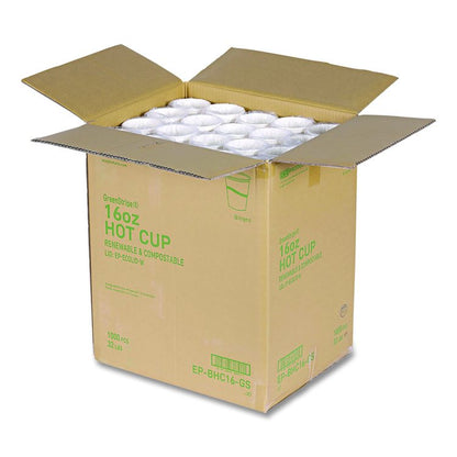 GreenStripe Renewable and Compostable Hot Cups, 16 oz, Paper, White/Green, 50/Pack, 20 Packs/Carton