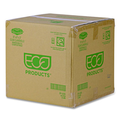 Renewable and Compostable Clear Clamshell Hinged Food Containers, 8 x 8 x 3, Plastic, 80/Pack, 2 Packs/Carton