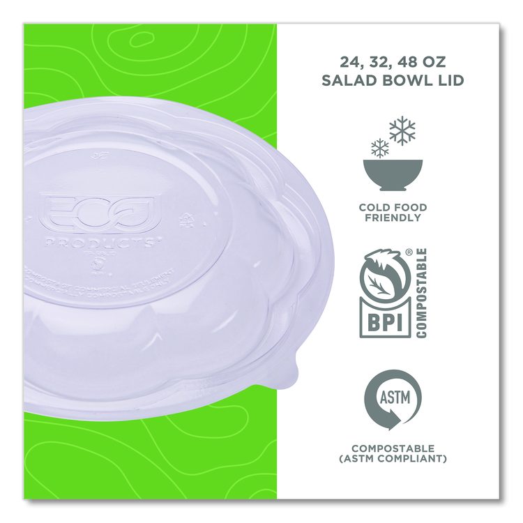 Renewable and Compostable Lids, Fits 24, 32 and 48 oz Salad Bowls, Clear, Plastic, 300/Carton