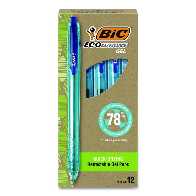 Ecolutions Gel Pen, Retractable, Medium 1 mm, Blue Ink, Blue Barrel, 12/Pack