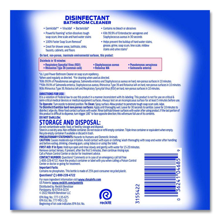 Disinfectant Bathroom Cleaner, Fresh Scent, 32 oz Spray Bottle, 12/Carton