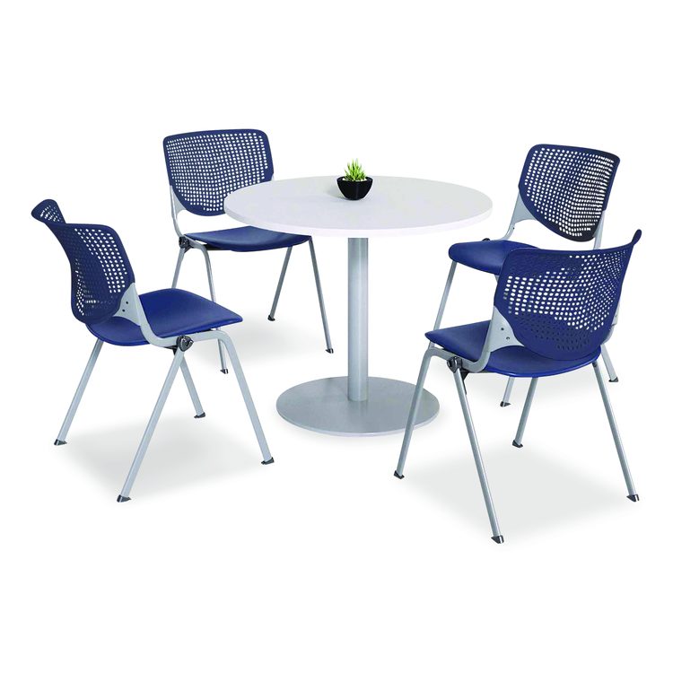 Pedestal Table with Four Navy Kool Series Chairs, Round, 36" Dia x 29h, Designer White