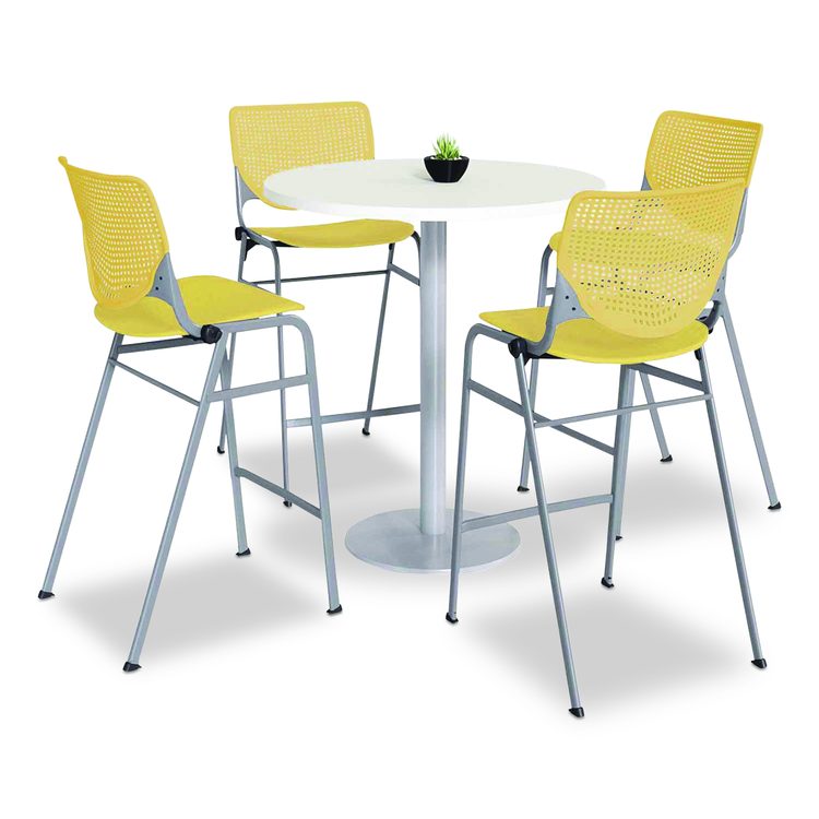 Pedestal Bistro Table with Four Yellow Kool Series Barstools, Round, 36"Dia x 41h, Designer White