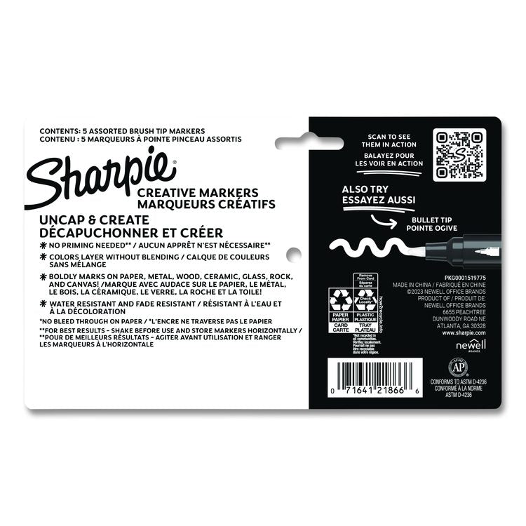 Creative Markers, Fine Brush Tip, Assorted Colors, 5/Pack