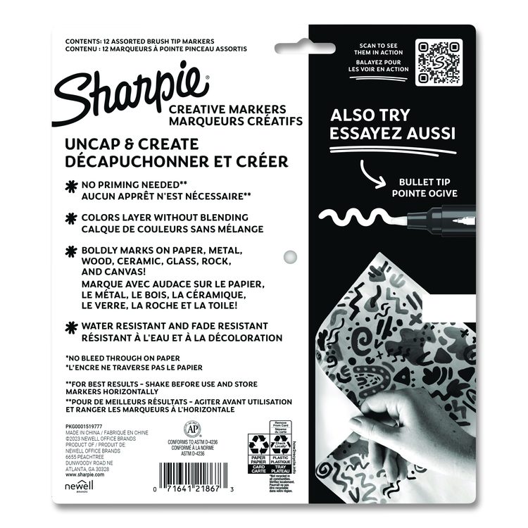 Creative Markers, Fine Brush Tip, Assorted Colors, 12/Pack