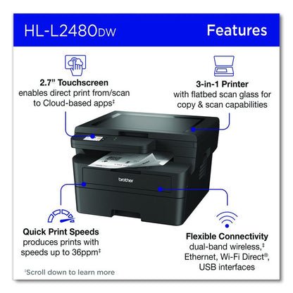 Wireless HL-L2480DW Compact Monochrome Multi-Function Laser Printer, Copy/Print/Scan