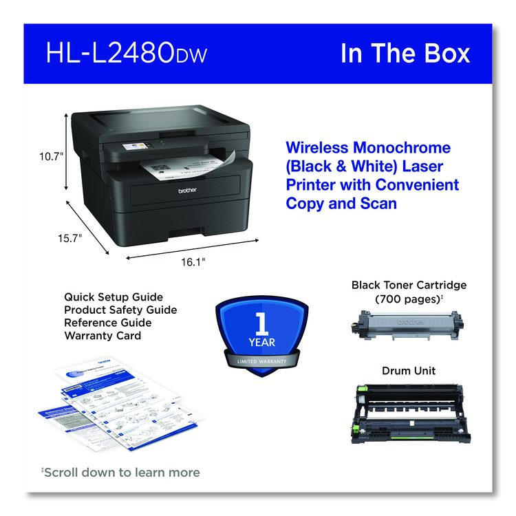 Wireless HL-L2480DW Compact Monochrome Multi-Function Laser Printer, Copy/Print/Scan