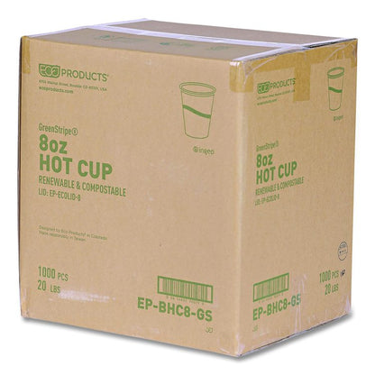 GreenStripe Renewable and Compostable Hot Cups, 8 oz, Paper, White/Green, 50/Pack, 20 Packs/Carton