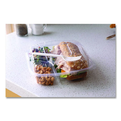 Renewable and Compostable Clear Clamshell Hinged Food Containers, 3 Compartments, 8 x 8 x 3, Plastic, 80/Pack, 2 Packs/Carton