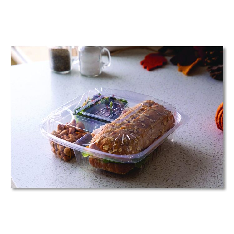 Renewable and Compostable Clear Clamshell Hinged Food Containers, 3 Compartments, 8 x 8 x 3, Plastic, 80/Pack, 2 Packs/Carton