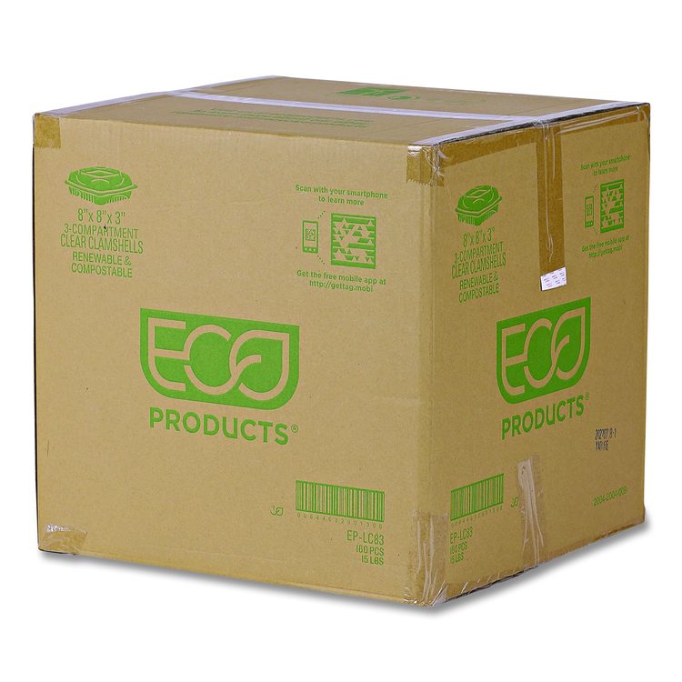 Renewable and Compostable Clear Clamshell Hinged Food Containers, 3 Compartments, 8 x 8 x 3, Plastic, 80/Pack, 2 Packs/Carton