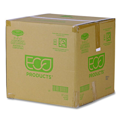 Renewable and Compostable Clear Clamshell Hinged Food Containers, 3 Compartments, 8 x 8 x 3, Plastic, 80/Pack, 2 Packs/Carton