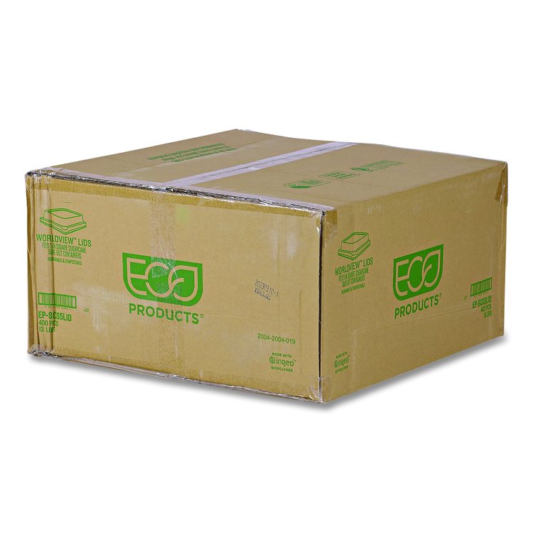 Renewable and Compostable Lids, Fits 5" Square Containers, Clear, Plastic, 50/Pack, 8 Packs/Carton