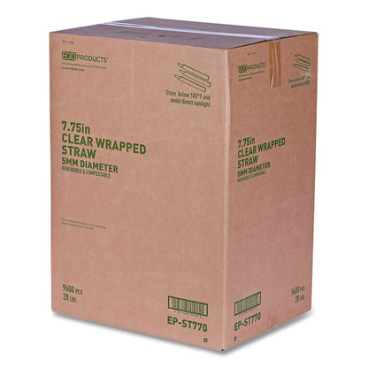 Clear Wrapped Straw, 7.75", PLA, 400/Pack, 24 Packs/Carton
