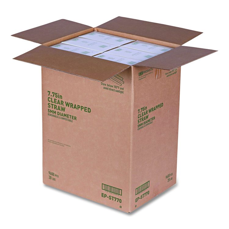 Clear Wrapped Straw, 7.75", PLA, 400/Pack, 24 Packs/Carton