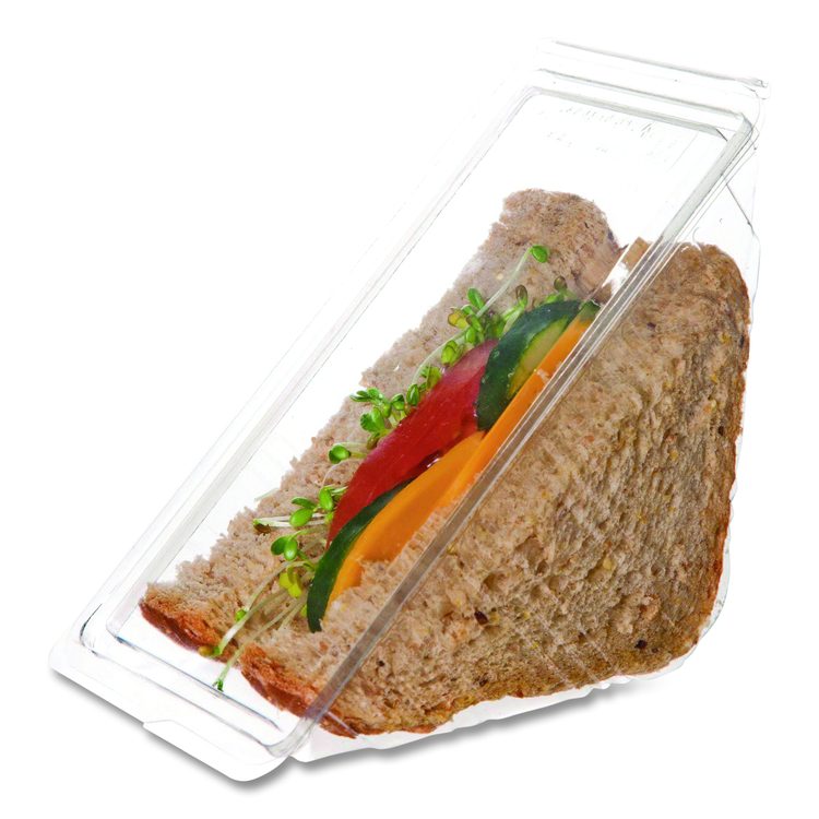 Compostable Takeout Wedge Sandwich Containers, 4.25 x 4.25 x 6.5 x 3, Clear, Plastic, 500/Carton