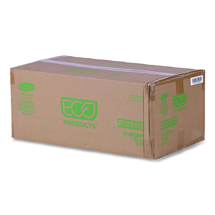 Vanguard Renewable and Compostable Sugarcane Clamshells, 3 Compartments, 9 x 6 x 3, White, 250/Carton