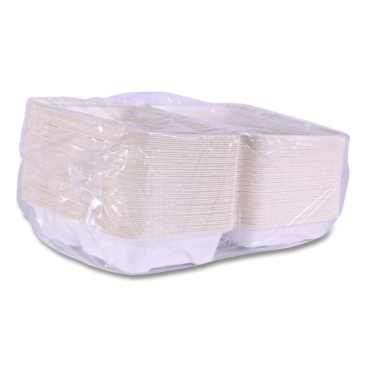 Vanguard Renewable and Compostable Sugarcane Clamshells, 3 Compartments, 9 x 6 x 3, White, 250/Carton