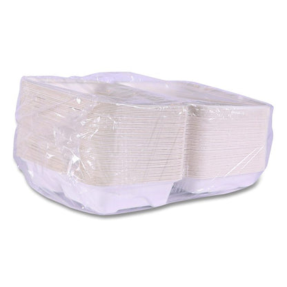 Vanguard Renewable and Compostable Sugarcane Clamshells, 3 Compartments, 9 x 6 x 3, White, 250/Carton