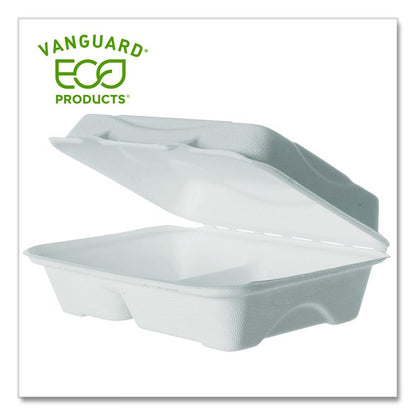 Vanguard Renewable and Compostable Sugarcane Clamshells, 3 Compartments, 9 x 6 x 3, White, 250/Carton