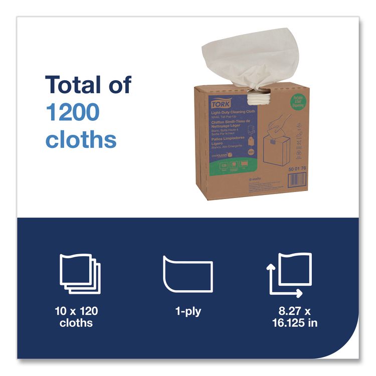 Light Duty Cleaning Cloth Pop Up Box, 1-Ply, 8.3 x 16.1, White, 120 Cloths/Pack, 10 Packs/Carton