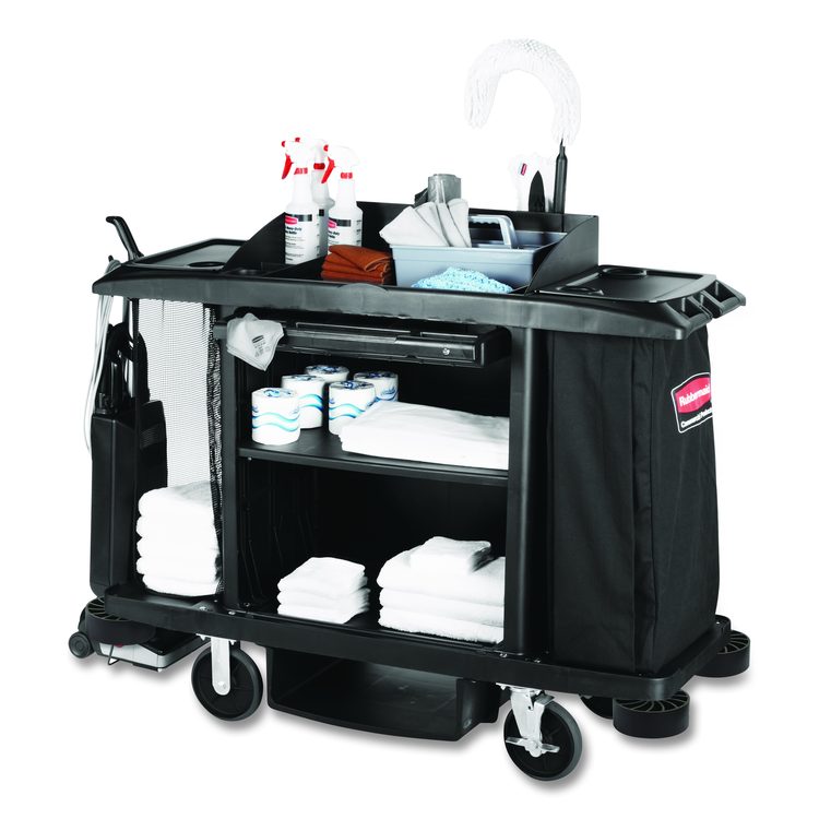 Housekeeping Cart, Plastic, 3 Shelves, 2 Bins, 22" x 60" x 50", Black