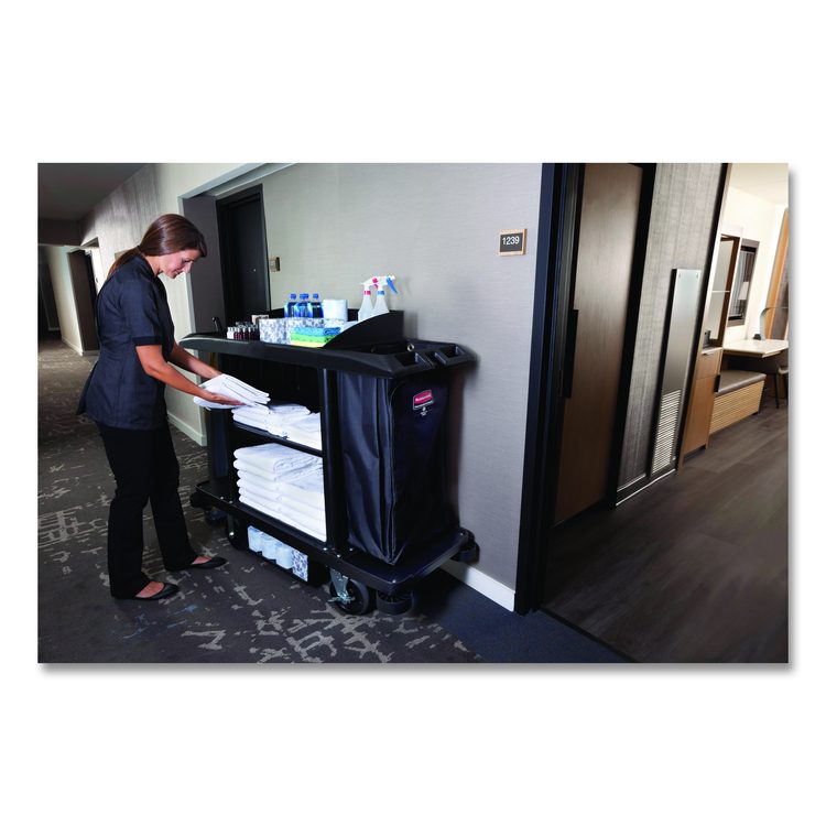 Housekeeping Cart, Plastic, 3 Shelves, 2 Bins, 22" x 60" x 50", Black