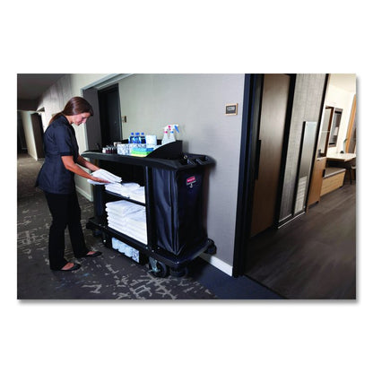 Housekeeping Cart, Plastic, 3 Shelves, 2 Bins, 22" x 60" x 50", Black