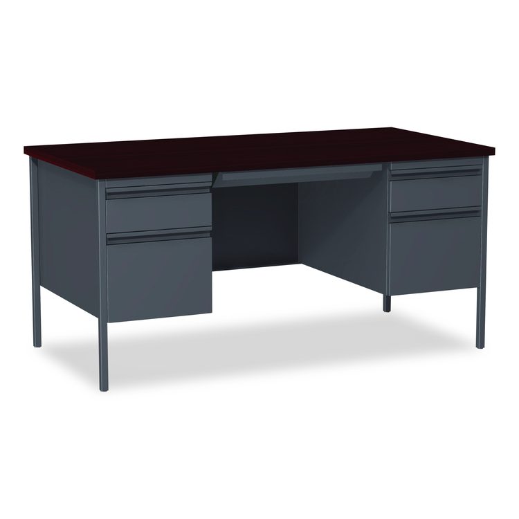 Double Pedestal Steel Desk, 60" x 30" x 29.5", Mahogany/Charcoal, Charcoal Legs
