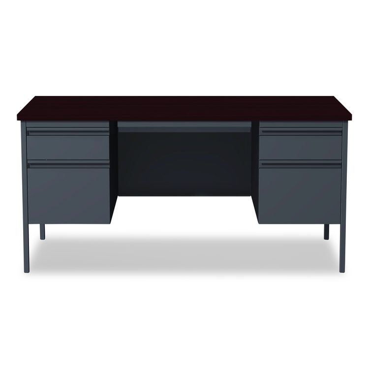 Double Pedestal Steel Desk, 60" x 30" x 29.5", Mahogany/Charcoal, Charcoal Legs