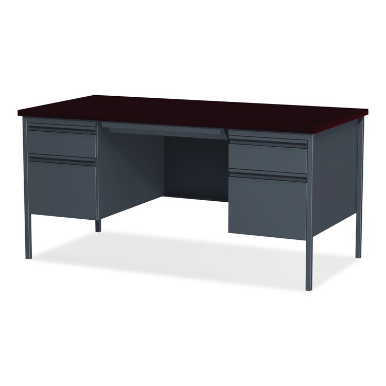 Double Pedestal Steel Desk, 60" x 30" x 29.5", Mahogany/Charcoal, Charcoal Legs