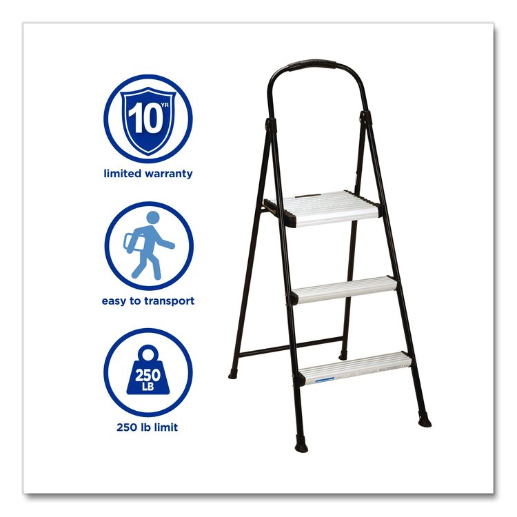 3-Step Stepstool, 250 lb, 28.75" Tall, 28.35" Spread, Black/Silver