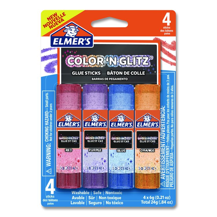 Glitter Glue Sticks, 0.21 oz, Applies Assorted Colors, Dries Clear Glitter, 4/Pack