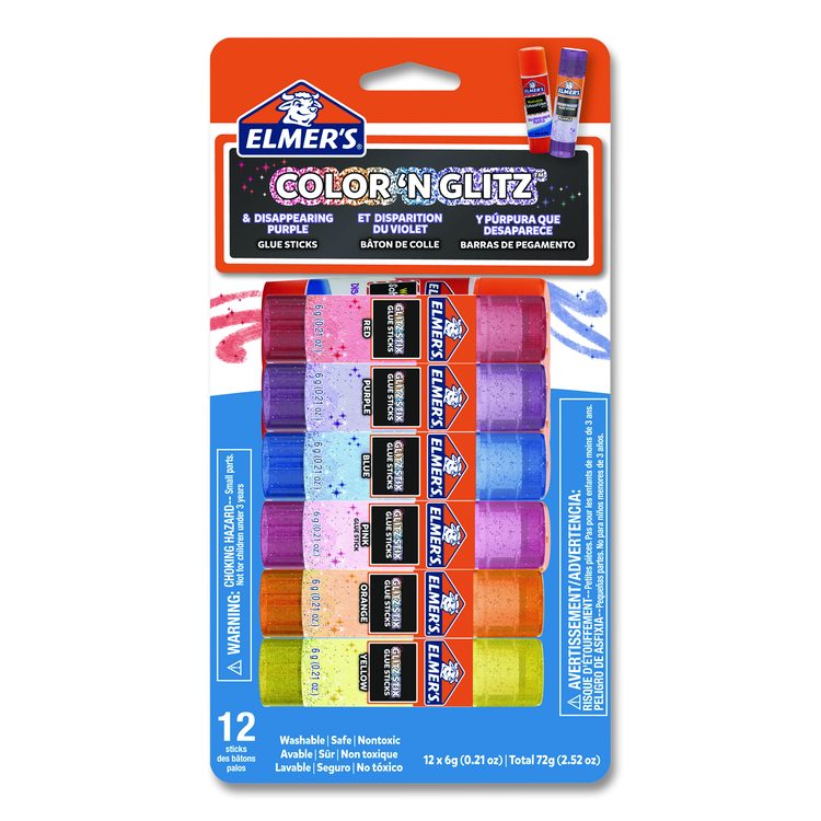 Glitter Glue Sticks, Applies Assorted Colors, 0.21 oz, Dries Clear Glitter, 12/Pack