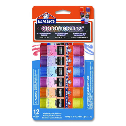 Glitter Glue Sticks, Applies Assorted Colors, 0.21 oz, Dries Clear Glitter, 12/Pack