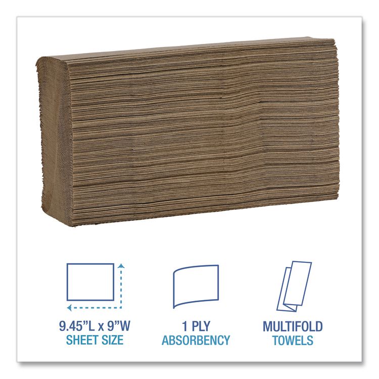 Multifold Paper Towels, 1-Ply, 9 x 9.45, Natural, 250/Pack, 16 Packs/Carton