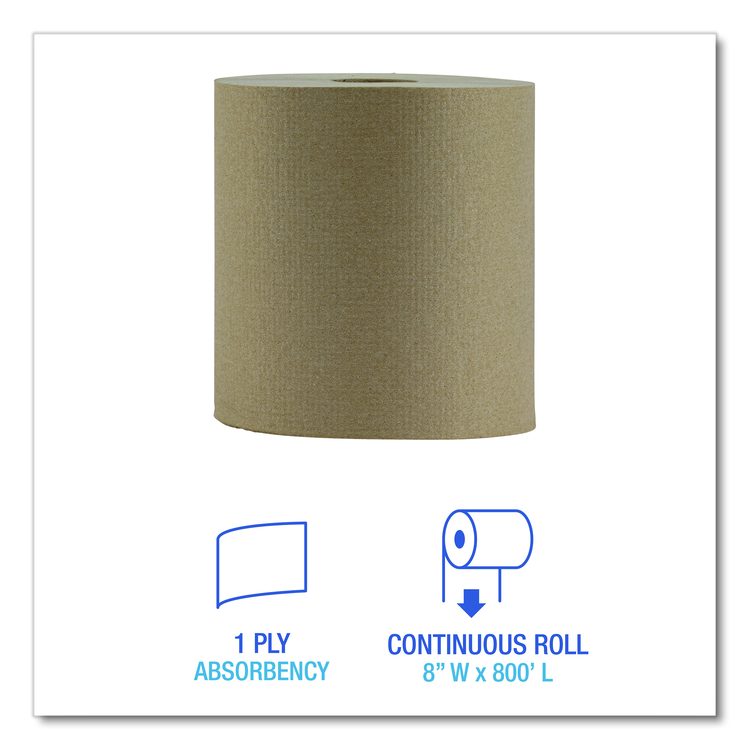 Hardwound Paper Towels, Nonperforated, 1-Ply, 8" x 800 ft, Natural, 6 Rolls/Carton