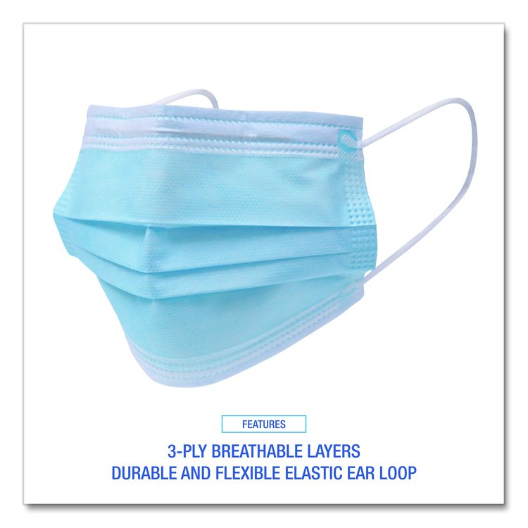 Three-Ply General Use Face Mask, Polypropylene, One Size Fits Most, Blue, 50/Box
