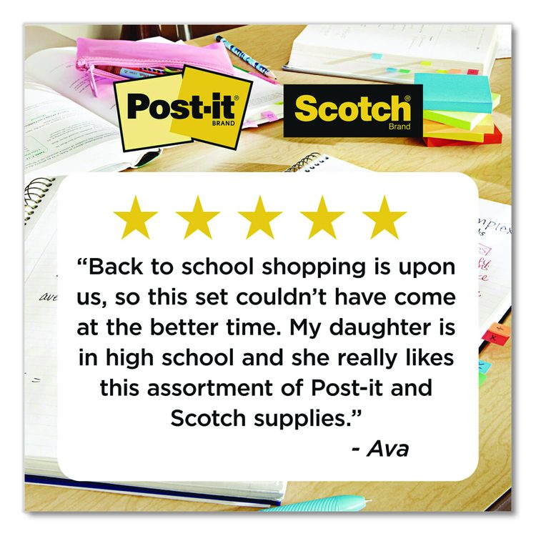 Office Essentials Kit, 7 Pads Assorted Super Sticky Notes, 1 Pack Flags, Roll Magic Tape, Roll Super-Hold Tape, 1 Scissors
