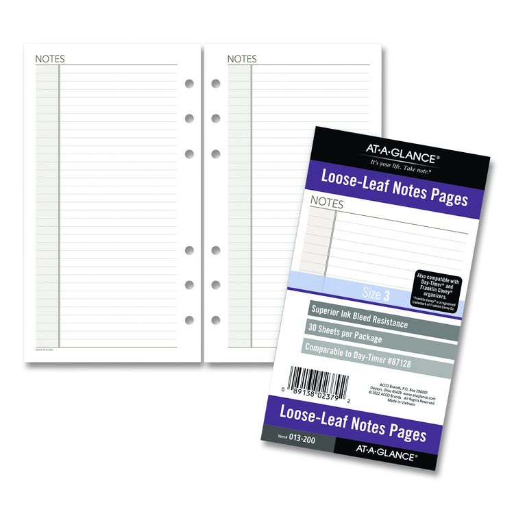 Lined Notes Pages for Planners/Organizers, 6.75 x 3.75, White Sheets, Undated, 30 Sheets