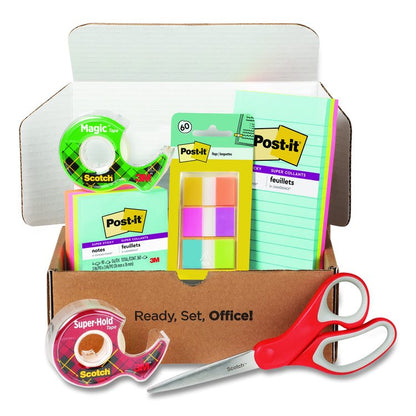 Office Essentials Kit, 7 Pads Assorted Super Sticky Notes, 1 Pack Flags, Roll Magic Tape, Roll Super-Hold Tape, 1 Scissors