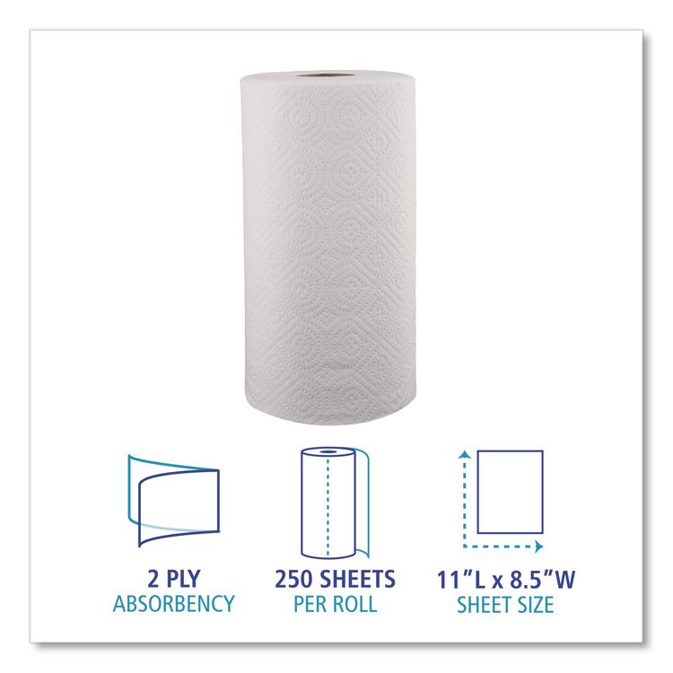 Kitchen Roll Towel, 2-Ply, 11 x 8.5, White, 250/Roll, 12 Rolls/Carton