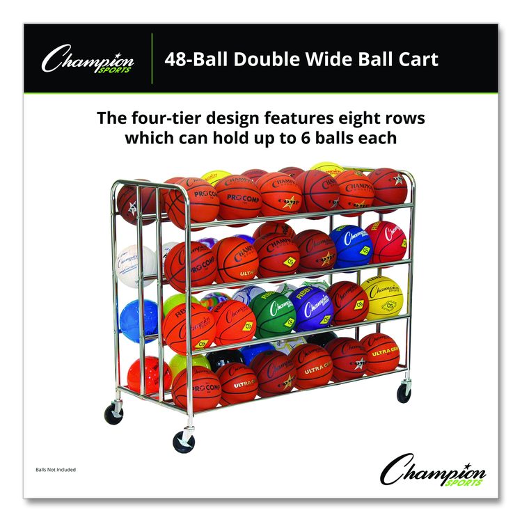 48 Ball Double Wide Ball Cart, Metal, 176 lb Capacity, 24 x 55.5 x 46.5, Chrome
