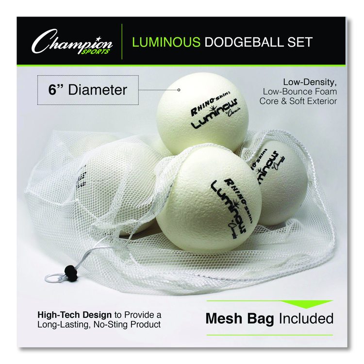 Rhino Skin Luminous Dodgeball Set, 6.3" Diameter, Luminous White/Blue, 6/Set