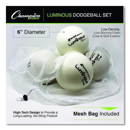 Rhino Skin Luminous Dodgeball Set, 6.3" Diameter, Luminous White/Blue, 6/Set