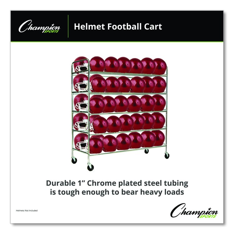 60 Helmet Football Cart, Five Shelves, Metal, 176 lb Capacity, 24" x 61" x 65", Chrome