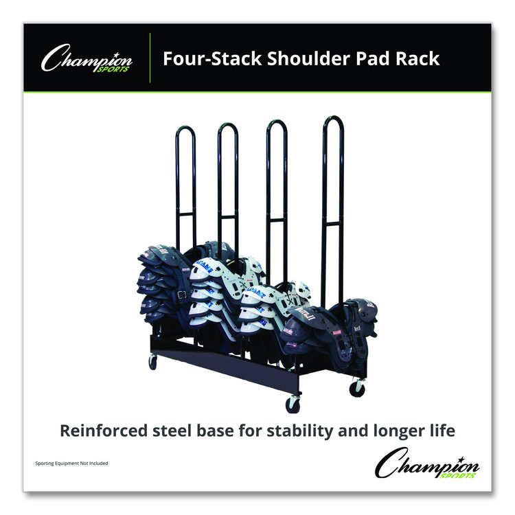 Mobile Four-Stack Shoulder Pad Rack, Metal, 176 lb Capacity, 24" x 59" x 68", Black